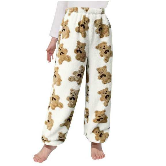 WMTBSRSW Kids Cute Teddy Bear Print Fuzzy Plush Pajama Pants Boys Girls Sherpa Fleece Lined Joggers Warm Soft Lounge Trousers Comfy Baggy Sweatpants