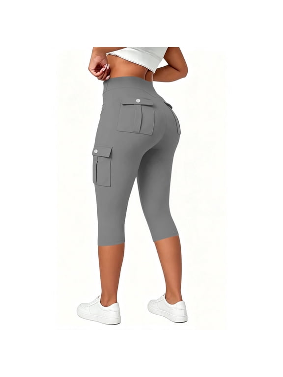Leggings Capris for Women Stretchy High Waist Cargo Capris Seamless Tummy Control Workout Yoga Cropped Pants Gray Medium