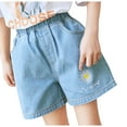 thumbnail image 1 of WMTBSRSW Little Girls Jean Shorts with Big Pockets Cut Off Denim Shorts Ruffle Elastic Waist Drawstring Shorty Shorts for Teen Girls 3-14 Years, 1 of 3