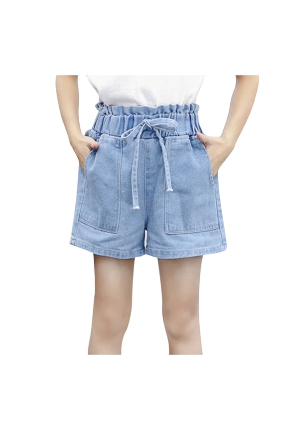 Little Girls Jean Shorts with Big Pockets Cut Off Denim Shorts Ruffle Elastic Waist Drawstring Shorty Shorts for Teen Girls 3-14 Years