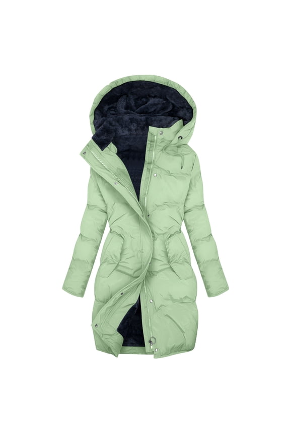 Long Quilted Jackets for Women Thicken Waterproof Puffer Jacket Fleece Lined Winter Coats Hooded Paddded Coat with Pockets Windbreaker Outwear Green 4X-Large