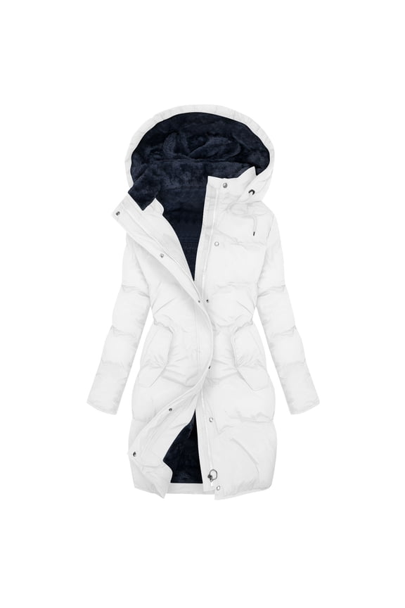 Long Quilted Jackets for Women Thicken Waterproof Puffer Jacket Fleece Lined Winter Coats Hooded Paddded Coat with Pockets Windbreaker Outwear White Medium