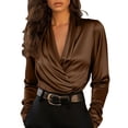 thumbnail image 1 of WMTBSRSW Long Sleeve Blouses for Women Dressy Casual Pleated Deep V Neck Wrap Tops Work Shirts Spring Office Business Outfits Brown L, 1 of 6