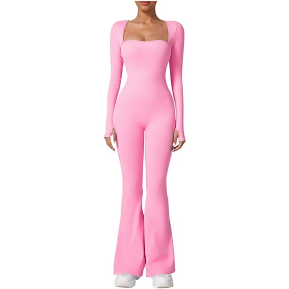 WMTBSRSW Long Sleeve Jumpsuits for Women Square Neck Flare Wide Leg Full Length Romper Playsuit Slim Fit Yoga Bell Bottoms Flare Jumpsuits
