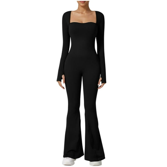 WMTBSRSW Long Sleeve Jumpsuits for Women Square Neck Flare Wide Leg Full Length Romper Playsuit Slim Fit Yoga Bell Bottoms Flare Jumpsuits