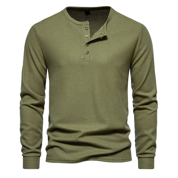 WMTBSRSW Long Sleeve Shirts for Men Waffle Knit Henley Neck Shirt Solid Casual Work Shirt Lightwieght Crewneck Blouse Army Green XX-Large