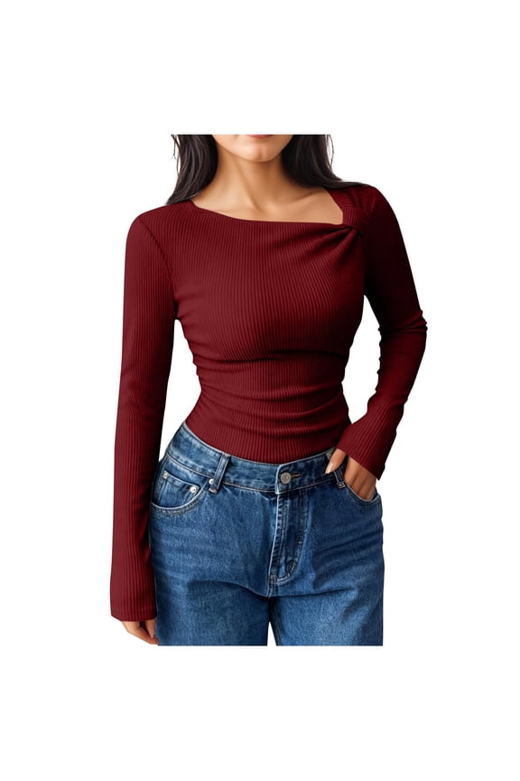 Long Sleeve T-Shirts Solid Color Oblique Collar Pleated Slim Fit Blouse for Work Casual Square Neck Top Fall Spring Tops Wine Small