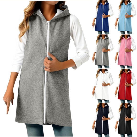 WMTBSRSW Long Vest for Women Fleece Lined Sleeveless Hoodies Casual Full Zip up Vest Coat with Hood Trendy Y2k Sweatshirts Light Blue Large