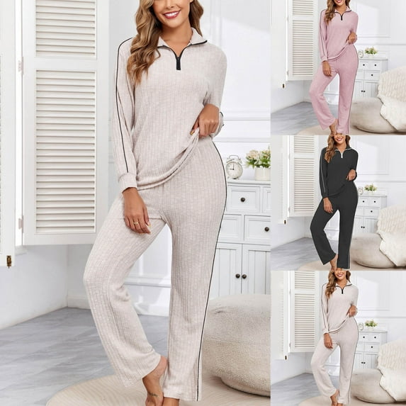 WMTBSRSW Lounge Set for Women 2 Piece Sets Outfits Half Zip Pullover Tops and Long Pants Ribbed Textured Knit Matching Pajamas Pink M