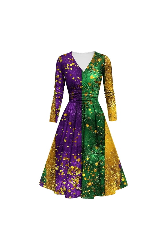 Mardi Gras Dresses for Women Sparkly Sequins Printed Gradient Long Sleeve Dress V Neck Vintage Swing Carnival Rave Party Dress