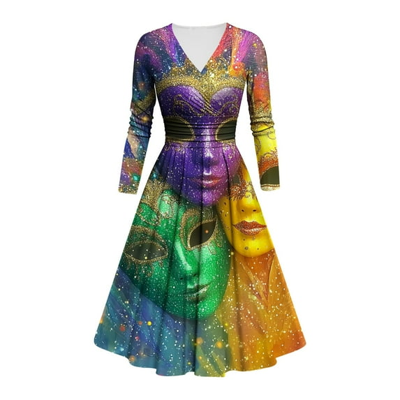 WMTBSRSW Mardi Gras Dresses for Women Sparkly Sequins Printed Gradient Long Sleeve Dress V Neck Vintage Swing Carnival Rave Party Dress