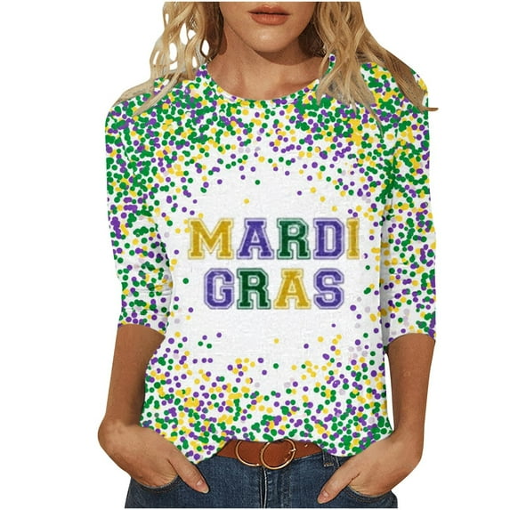 WMTBSRSW Mardi Gras Tee for Women S-5XL 3/4 Length Sleeve Shirts Plus Size Round Neck Tops Trendy Holiday Party Tee Small