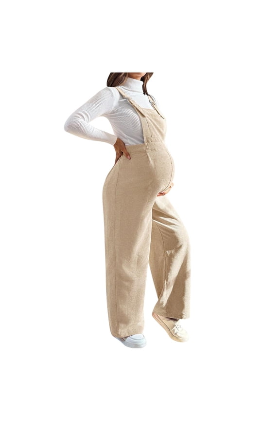 Maternity Corduroy Jumpsuit Adjustable Strap Sleeveless Wide Leg Overalls Pregnancy Nursing Jumpsuits One Piece Romper Beige L