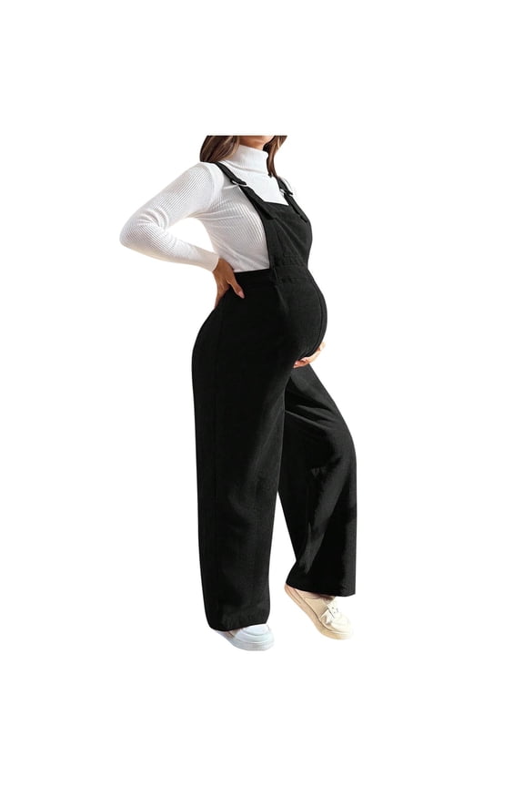 Maternity Corduroy Jumpsuit Adjustable Strap Sleeveless Wide Leg Overalls Pregnancy Nursing Jumpsuits One Piece Romper Black L