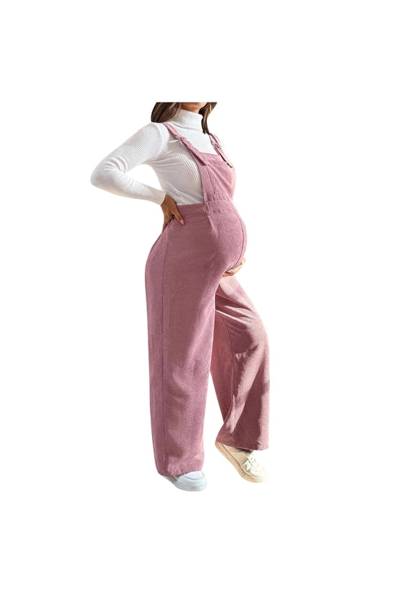 Maternity Corduroy Jumpsuit Adjustable Strap Sleeveless Wide Leg Overalls Pregnancy Nursing Jumpsuits One Piece Romper Pink M