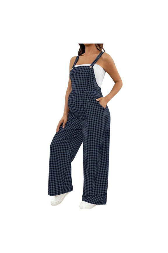 Maternity Plaid Jumpsuit Adjustable Strap Sleeveless Wide Leg Overalls Pregnancy Nursing Jumpsuits One Piece Romper Blue XXL