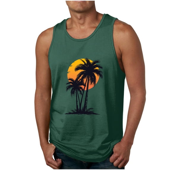 WMTBSRSW Men Tank Tops Graphic Palm Tree Print Round Neck Sleeveless Basic T Shirts Hawaiian Summer Beach Loose Pullover