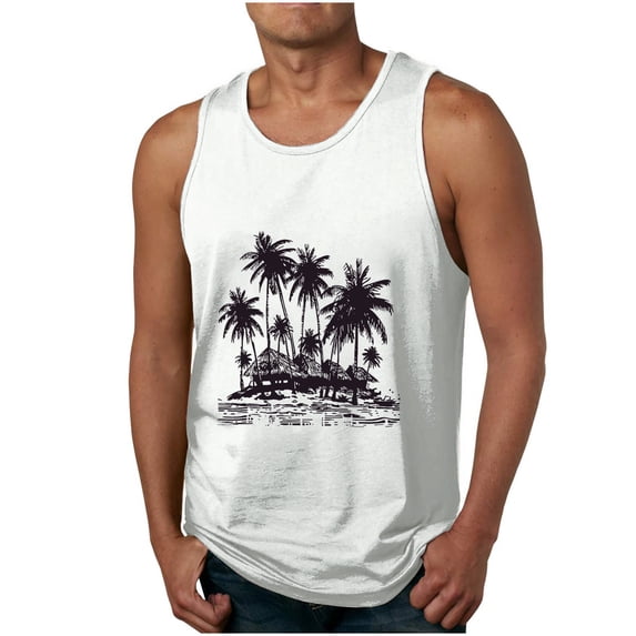 WMTBSRSW Men Tank Tops Graphic Palm Tree Print Round Neck Sleeveless Basic T Shirts Hawaiian Summer Beach Loose Pullover