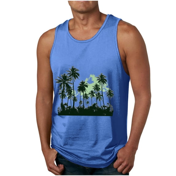 WMTBSRSW Men Tank Tops Graphic Palm Tree Print Round Neck Sleeveless Basic T Shirts Hawaiian Summer Beach Loose Pullover