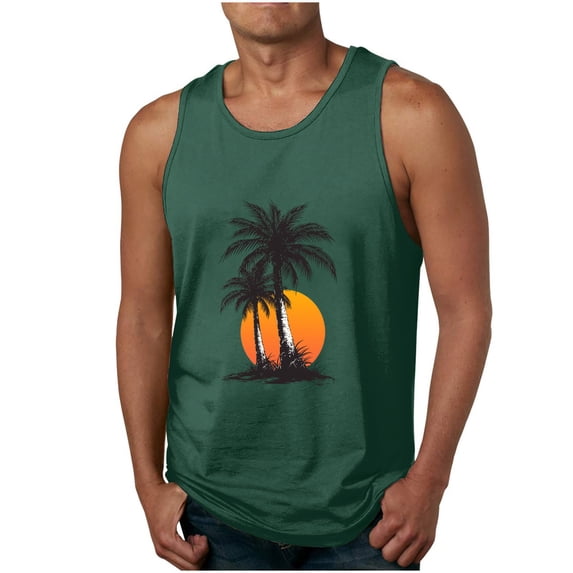 WMTBSRSW Men Tank Tops Graphic Palm Tree Print Round Neck Sleeveless Basic T Shirts Hawaiian Summer Beach Loose Pullover
