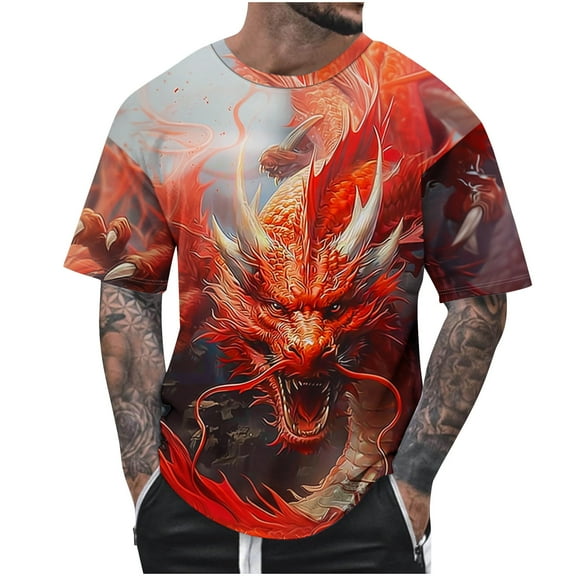 WMTBSRSW Men's Casual Shirts Chinese Dragon Graphic Print Short Sleeve Shirts Loose Crewneck Pullover Tops Big and Tall