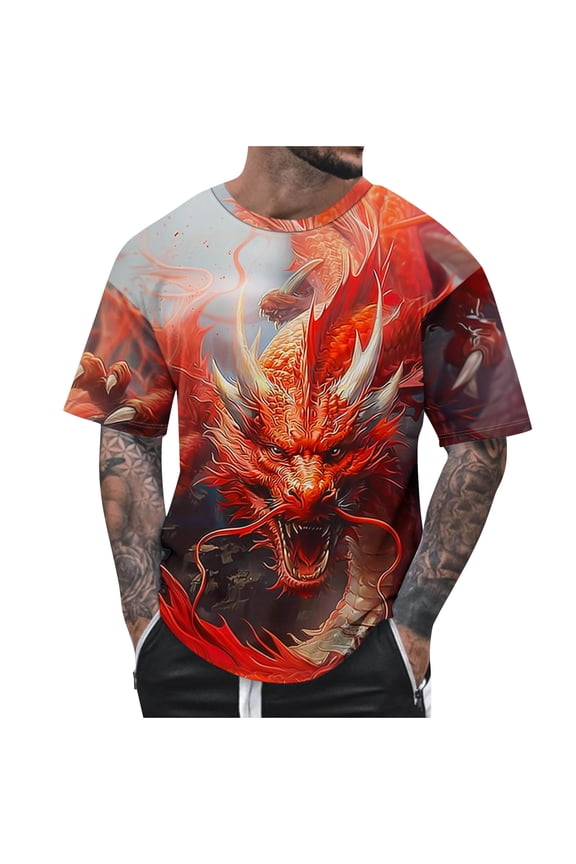 Men's Casual Shirts Chinese Dragon Graphic Print Short Sleeve Shirts Loose Crewneck Pullover Tops Big and Tall