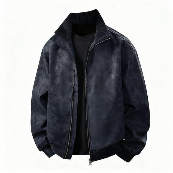 WMTBSRSW Men's Casual Suede Bomber Jacket Lightweight Stand Collar Full Zip Up Jackets Loose Vintage Faux Leather Jacket Fall Winter Outwear Blue XXXL