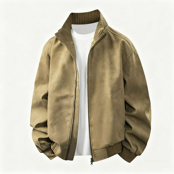 WMTBSRSW Men's Casual Suede Bomber Jacket Lightweight Stand Collar Full Zip Up Jackets Loose Vintage Faux Leather Jacket Fall Winter Outwear Khaki L