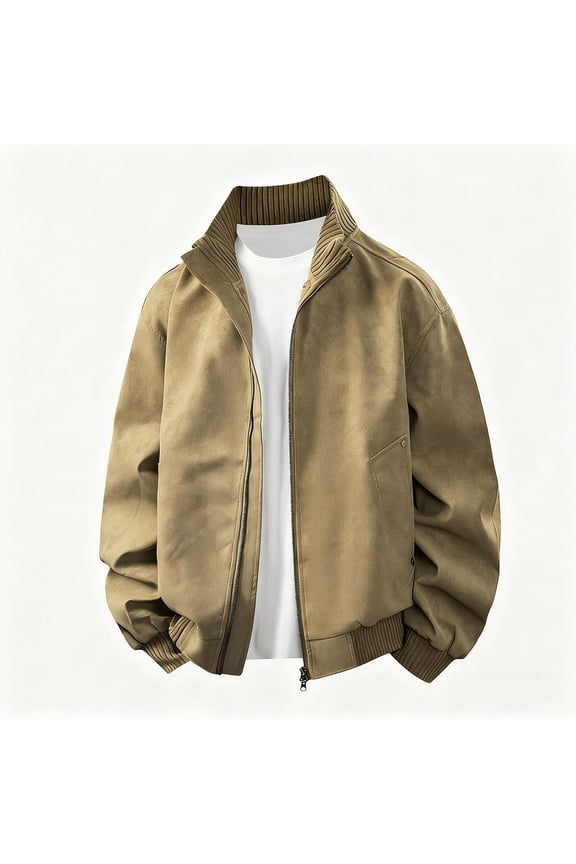 Men's Casual Suede Bomber Jacket Lightweight Stand Collar Full Zip Up Jackets Loose Vintage Faux Leather Jacket Fall Winter Outwear Khaki S