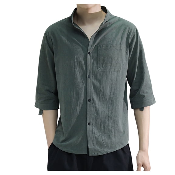 WMTBSRSW Men's Cotton Linen 3/4 Sleeve Shirts Oversized Casual Button Down Shirt for Men Solid Color Beach Summer Vacation Tops Big and Tall