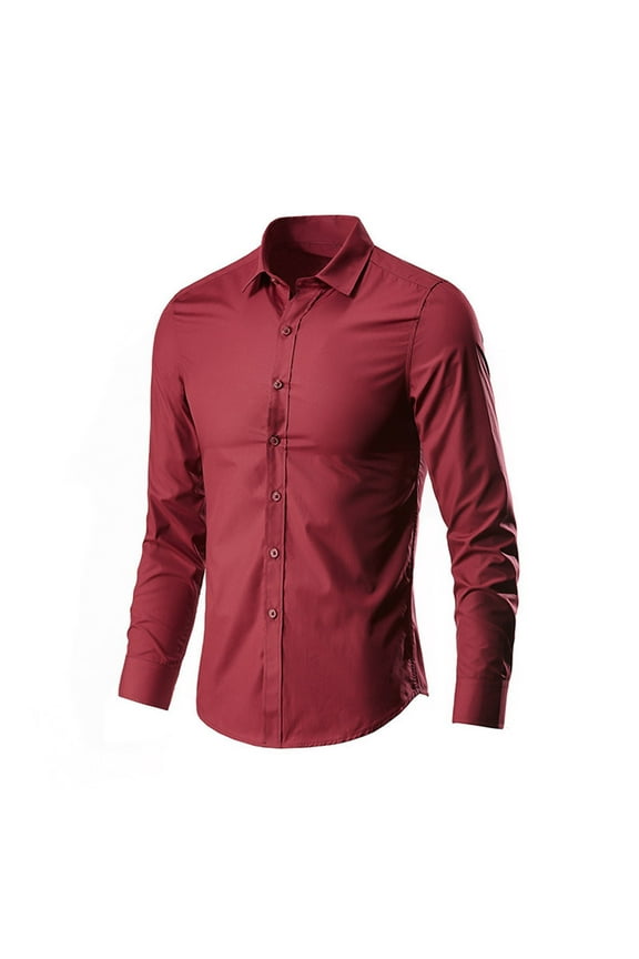 Men's Dress Shirt Solid Long Sleeve Shirts Twill Wrinkle Free Casual Formal Shirt Business Lapel Button Down Shirts Red Large