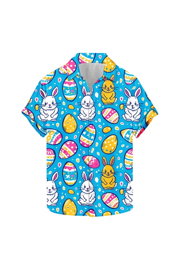 Men's Easter Button Down Shirt Funny Easter Bunny Eggs Print Short Sleeve Hawaiian Shirts Mens Easter Day T Shirts Big and Tall