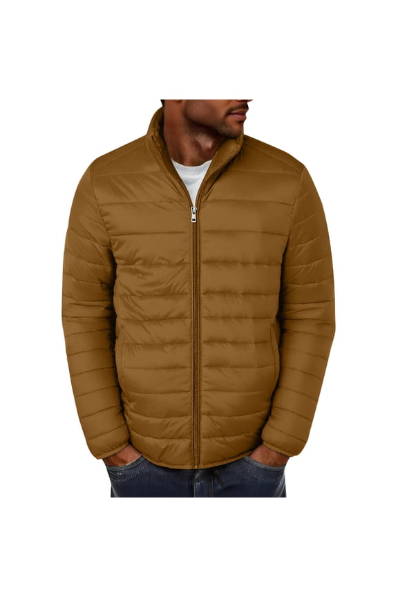 Men's Fashion Winter Warm Quilted Coat Lightweight Full Zip Paddded Parka Jackets Slim Fit Casual Outwear with Pockets No Hood Khaki Medium