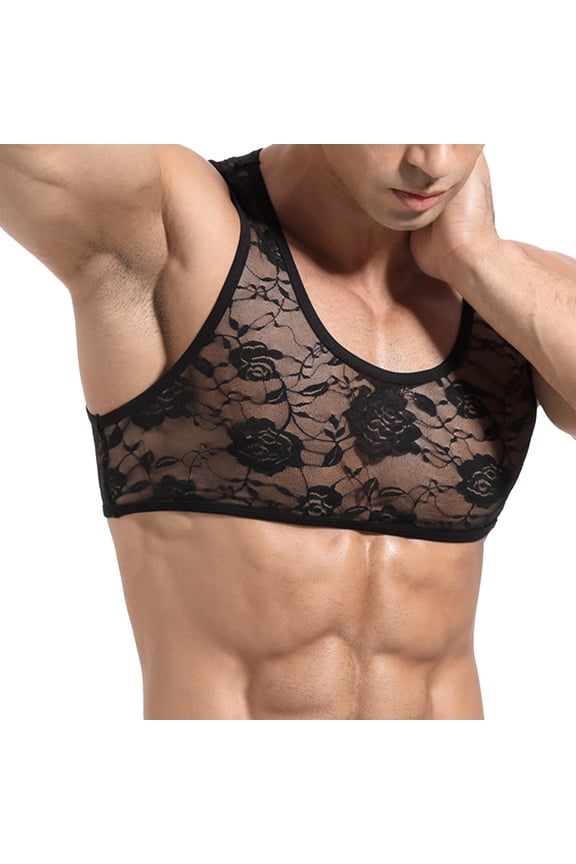 Men's Floral Lace Crop Tops Mesh Undershirts for Men Y2k Muscle Shirt See Through Sleeveless Shirts Sheer Transparent Club Party Casual Tank Top Undershirts