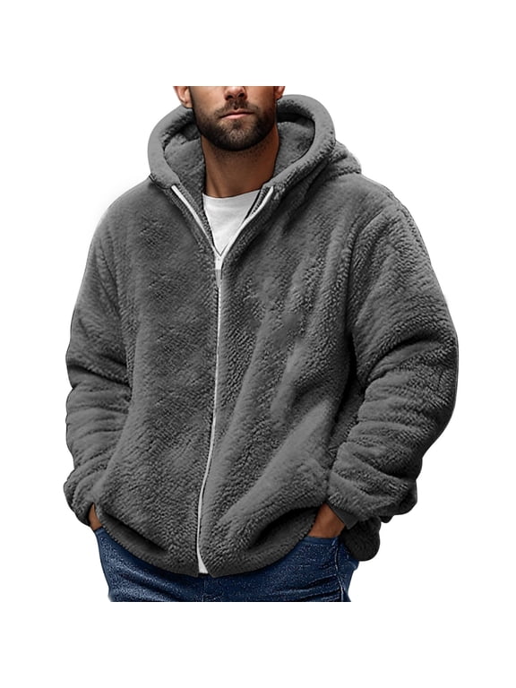 Men's Fuzzy Sherpa Jacket Fleece Full Zip up Athletic Hoodies Cozy Loose Casual Winter Warm Coats with Pockets Dark Gray Large
