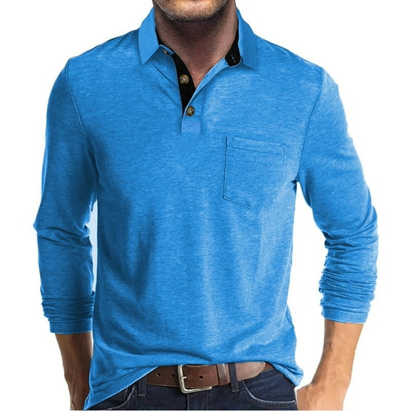 WMTBSRSW Men's Henley Long Sleeve Shirts Casual Button Lapel T-Shirt Pullover Solid Casual Basic Tees with Pocket Light Blue XXXL