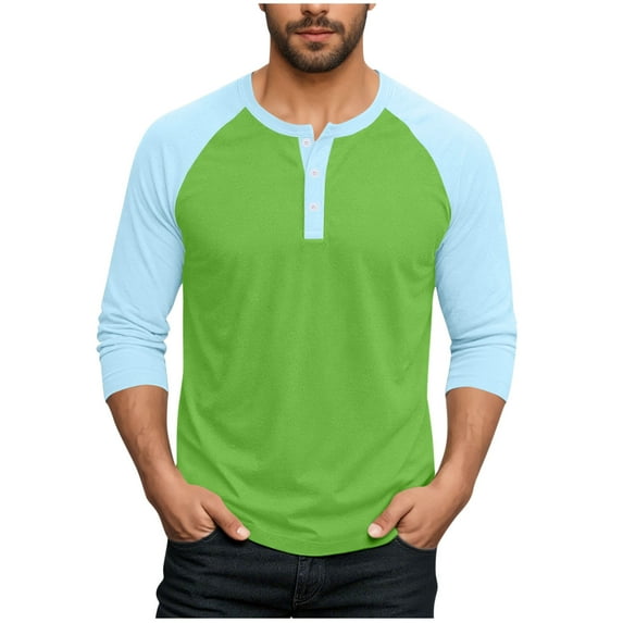 WMTBSRSW Men's Henley Shirt Fall Crewneck Color Block Slim Fit Long Sleeve T Shirts Basic Lightweight Button Up Tees Plus Size Tops M-5XL