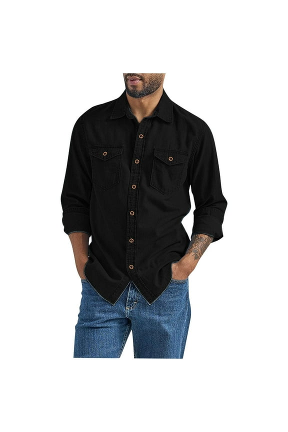 Men's Long Sleeve Shirts Classic Lapel Button Down Shirts Fall Solid Chest Pockets T Shirts for Workwear Black X-Large