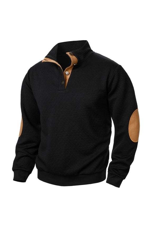 Men's Military Sweatshirt Stand Collar Golf Pullover Patchwork Vintage Long Sleeve Button Sweatshirts Elbow Patches Sweater