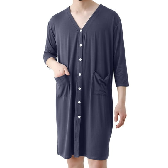 WMTBSRSW Men's Night Shirts for Sleeping Button Down Nightshirt Short Sleeve Robe Loose Kaftan V Neck Night Shirts Soft Modal Sleepwear