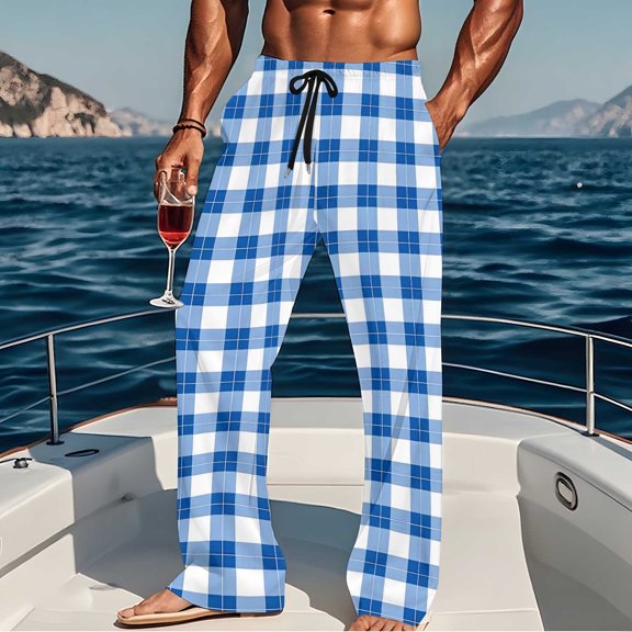 WMTBSRSW Men's Pliad Pjamas Pants Comfy Straight Leg Pjs Pants Lightweight Drawstring Lounge Pants with Pockets Blue XL
