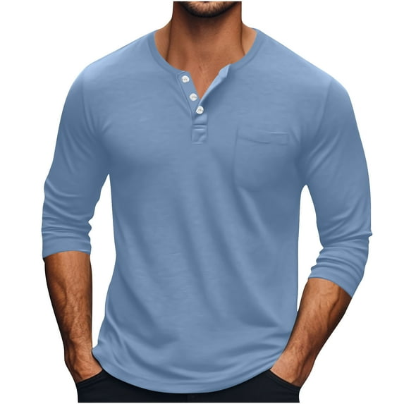 WMTBSRSW Men's Plus Size Tops Basic Henley Shirts Casual 3 Button Long Sleeve Shirts Lightweight Solid Crewneck T Shirts