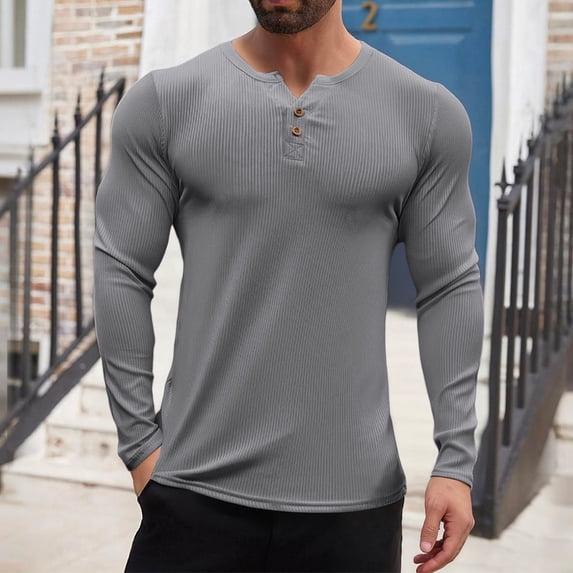 WMTBSRSW Men's Ribbed Knit Basic Tops Stretchy Slim Fit Henley Shirts Casual Long Sleeve Workout Tops Solid Button T Shirts Dark Gray XXL