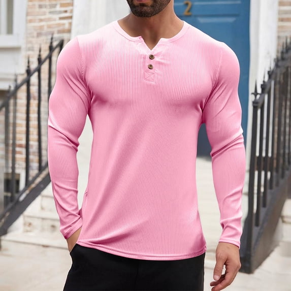 WMTBSRSW Men's Ribbed Knit Basic Tops Stretchy Slim Fit Henley Shirts Casual Long Sleeve Workout Tops Solid Button T Shirts Pink XL