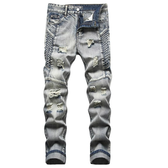 WMTBSRSW Men's Ripped Jeans Slim Fit Straight Destroyed Denim Pants Casual Patch Regular Fit Vintage Jean with Pockets Streetwear for Adult No Belted