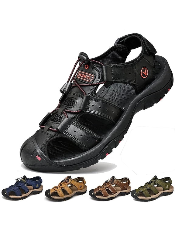 Men's Sandals Close Toe PU Leather Outdoor Sandals Durable Anti-Slip Summer Shoes for Hiking Beach Walking