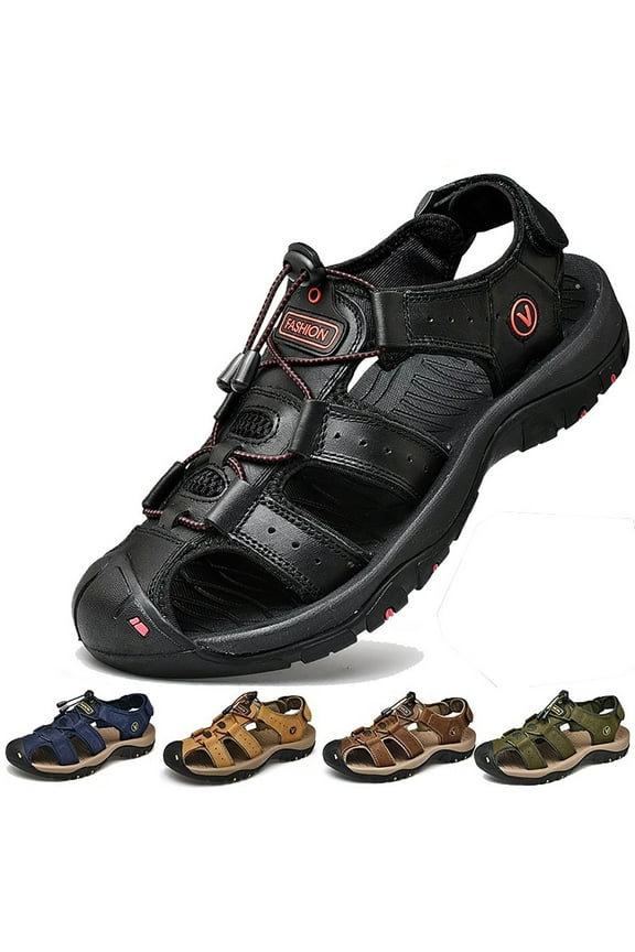 Men's Sandals Close Toe PU Leather Outdoor Sandals Durable Anti-Slip Summer Shoes for Hiking Beach Walking