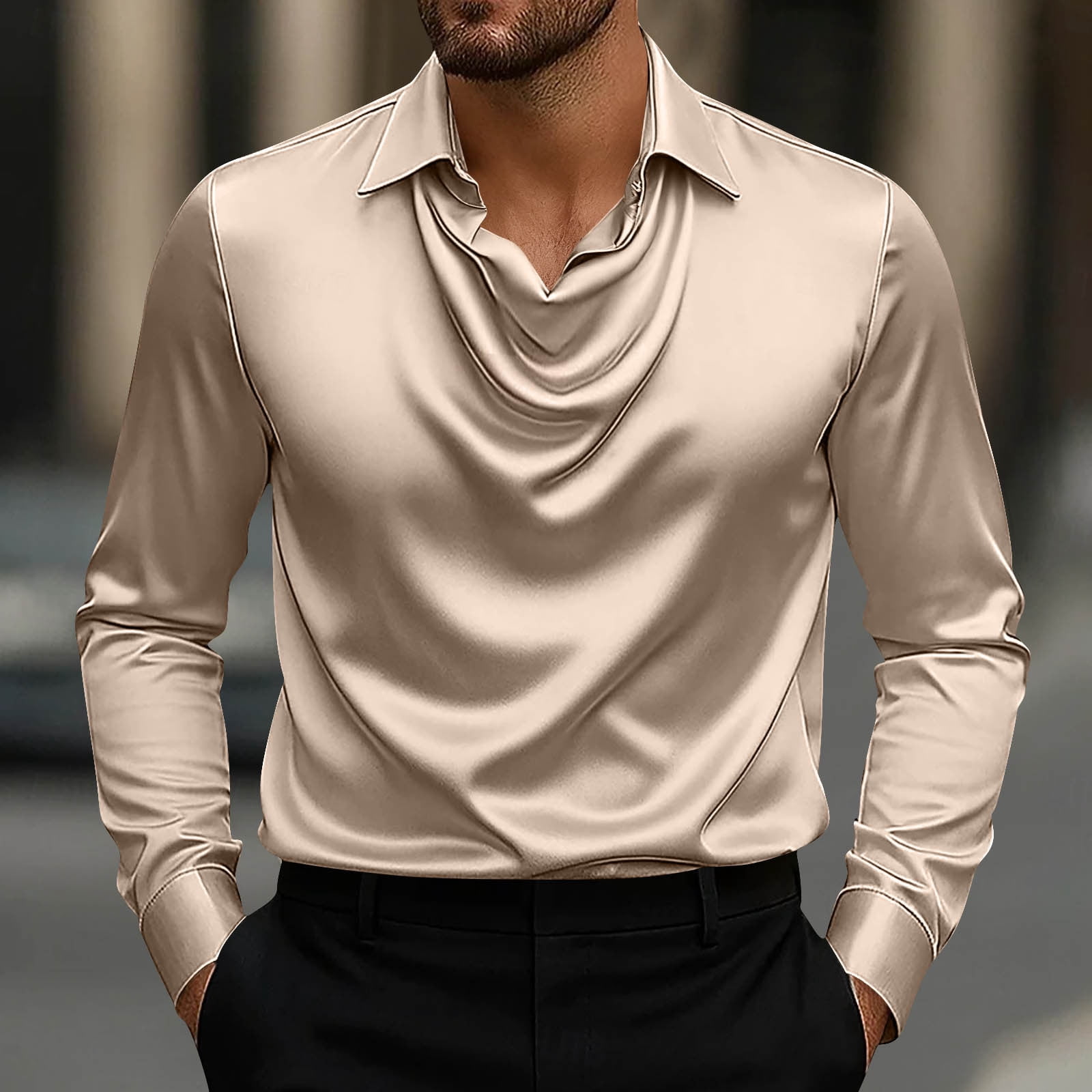 WMTBSRSW Men's Satin Dress Shirt Cowl Neck Business Office Blouse Stylish  Loose Long Sleeve Lapel Work Shirts Beige M
