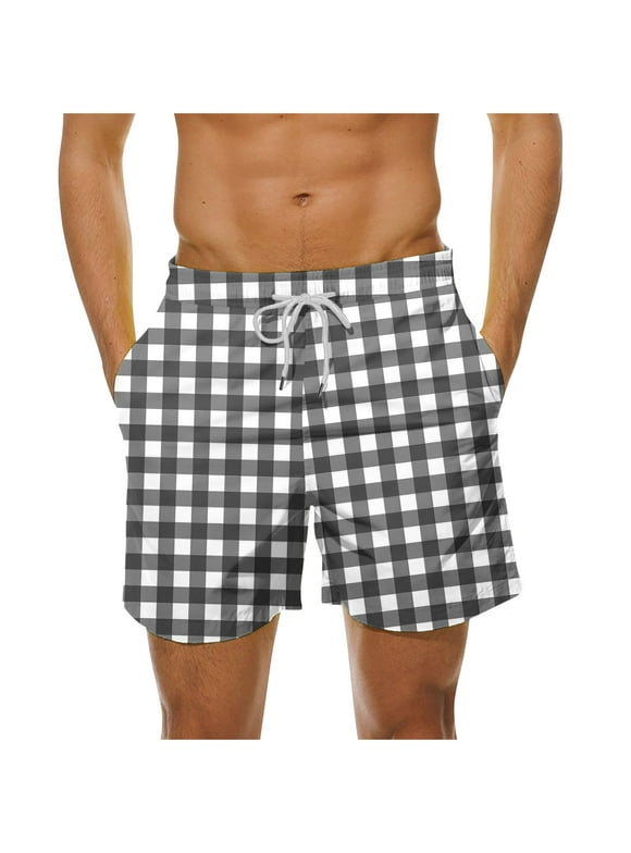 Men's Swim Trunks Lightweight Fashion Plaid Board Shorts Swimsuit Swimwear Bathing Suit Plus Size Summer Beach Shorts with Pockets