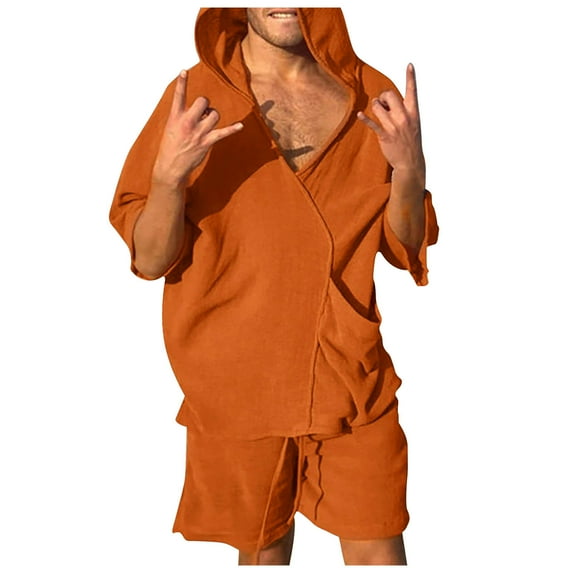 WMTBSRSW Mens 2 Piece Outfits Fashion Cotton Linenr Short Sleeve Hoodie Tracksuits CasualSummer Beach Hooded Athletic Jogging Sweatsuit Gym Outfit